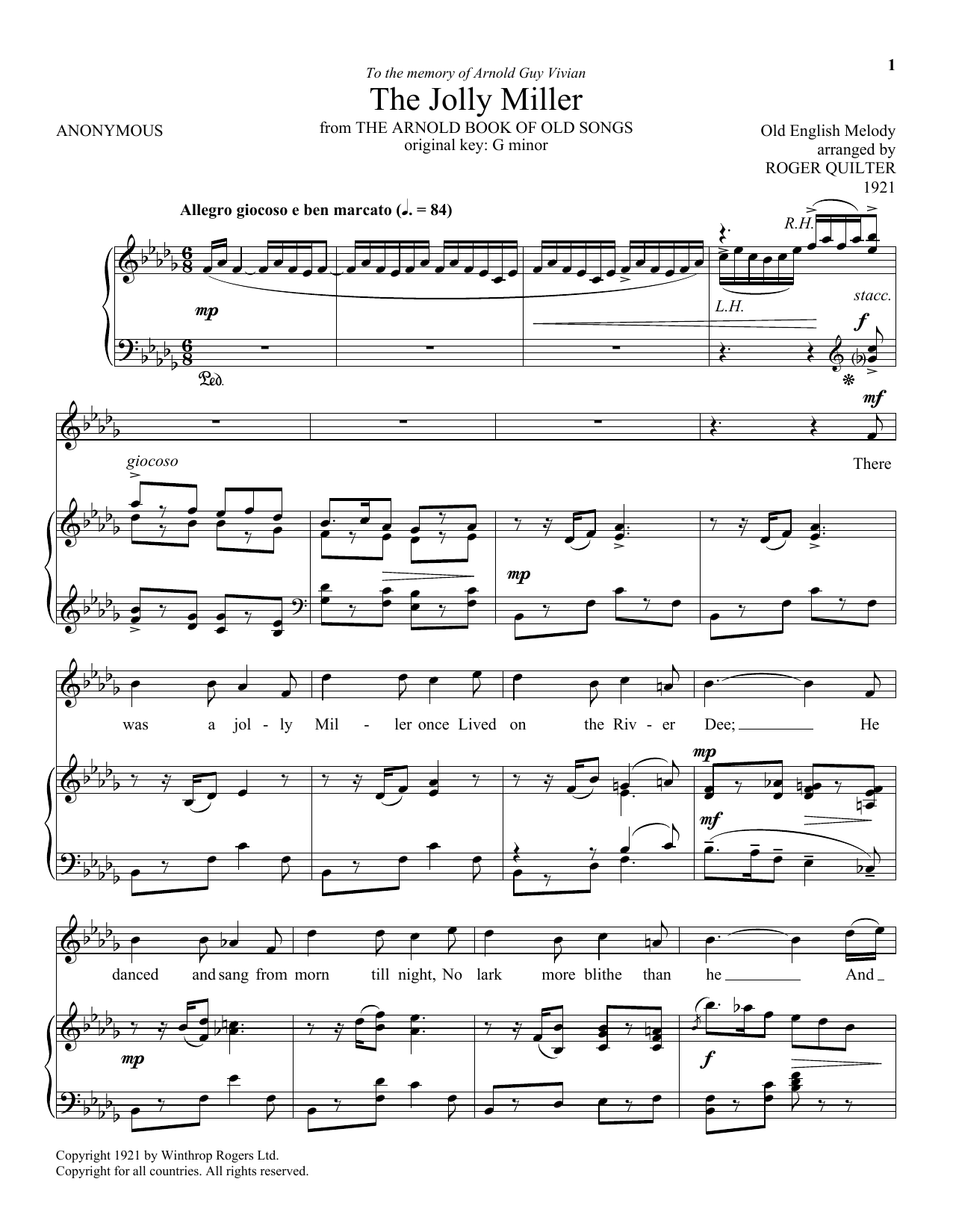 Roger Quilter The Jolly Miller Sheet Music Notes & Chords for Piano & Vocal - Download or Print PDF