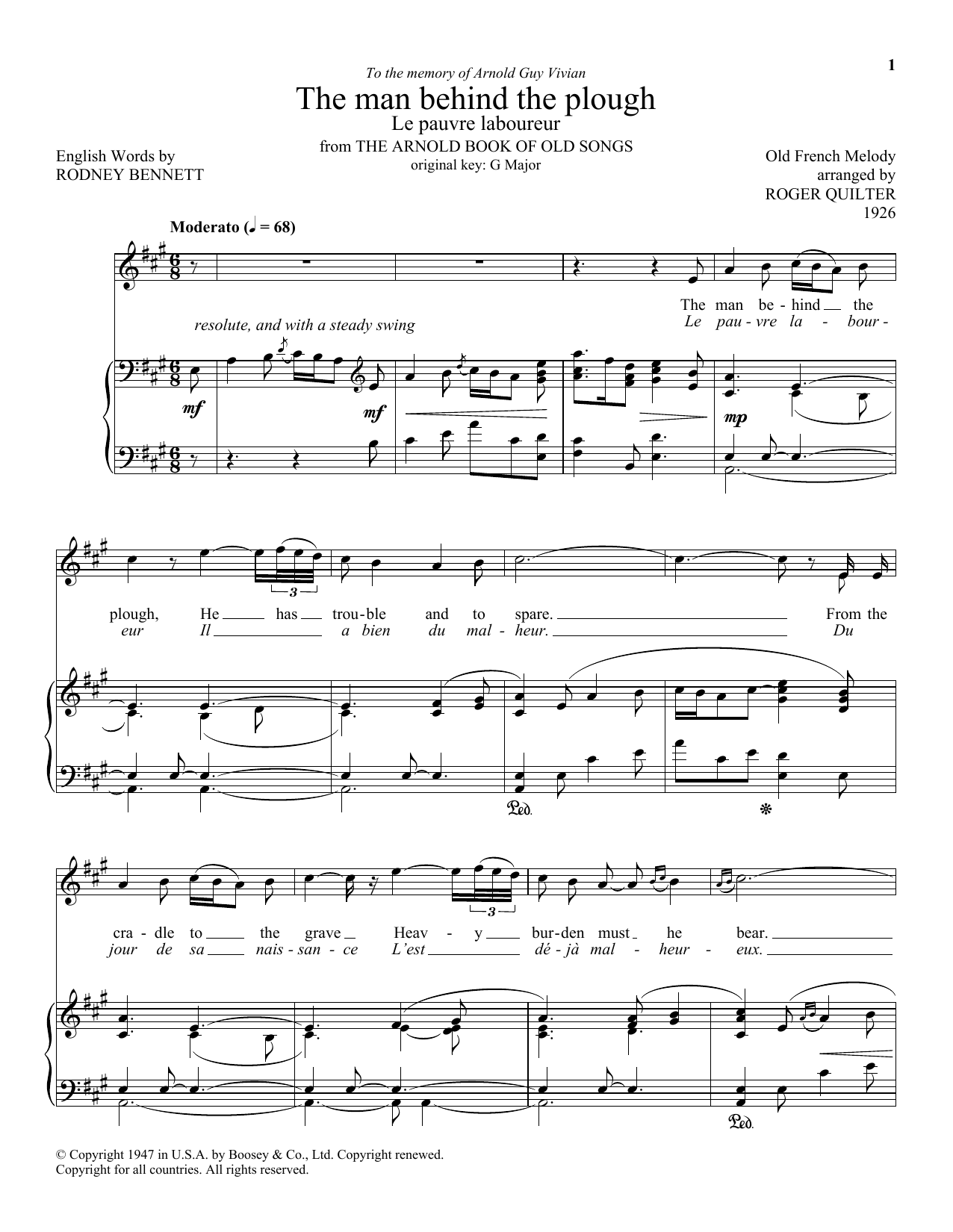 Roger Quilter The Man Behind The Plow (Le Pauvre Laboureur) Sheet Music Notes & Chords for Piano & Vocal - Download or Print PDF