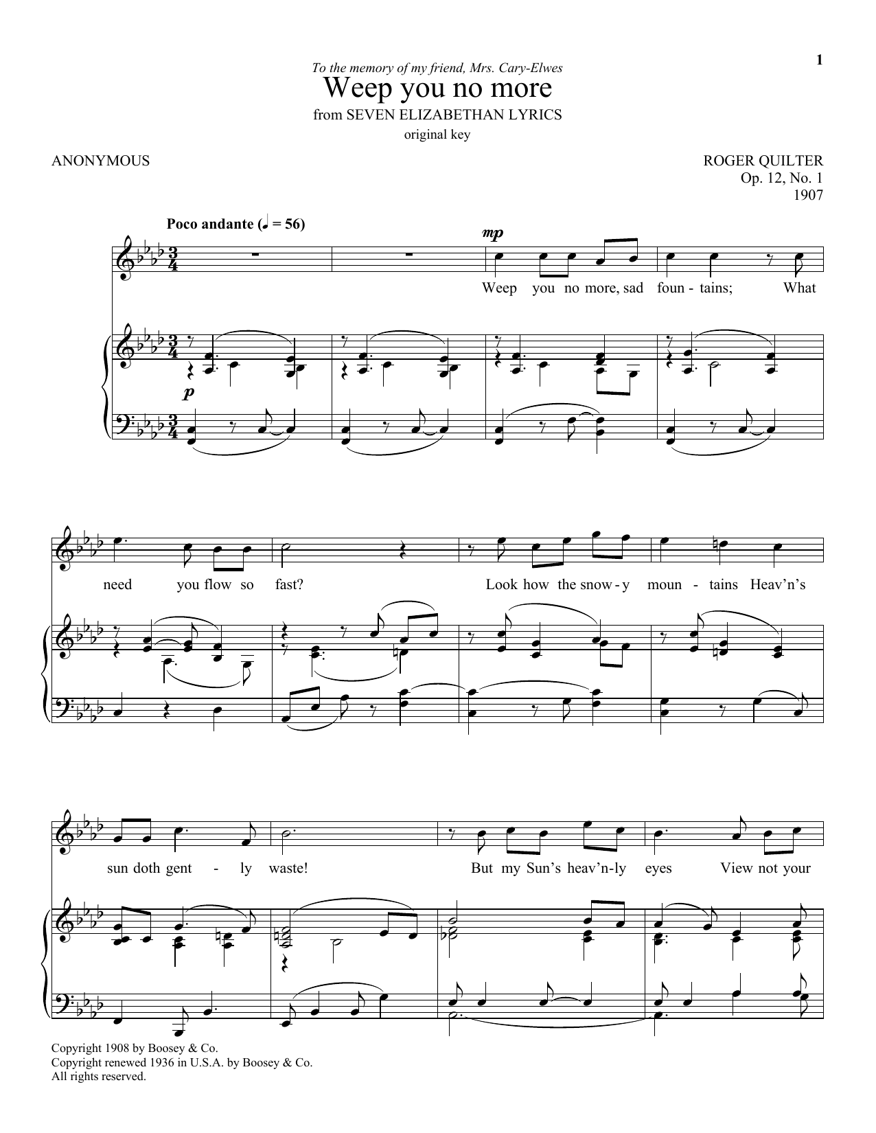 Roger Quilter Weep You No More Sheet Music Notes & Chords for Piano, Vocal & Guitar (Right-Hand Melody) - Download or Print PDF