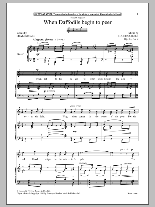 Roger Quilter When Daffodils Begin To Peer Sheet Music Notes & Chords for Piano - Download or Print PDF Roger Quilter When Daffodils Begin To Peer Sheet Music Notes & Chords for Piano - Download or Print PDF