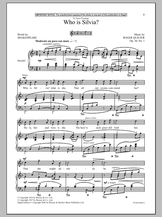 Roger Quilter Who Is Silvia? Sheet Music Notes & Chords for Piano - Download or Print PDF