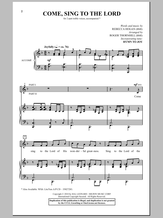 Roger Thornhill Come, Sing To The Lord Sheet Music Notes & Chords for 2-Part Choir - Download or Print PDF