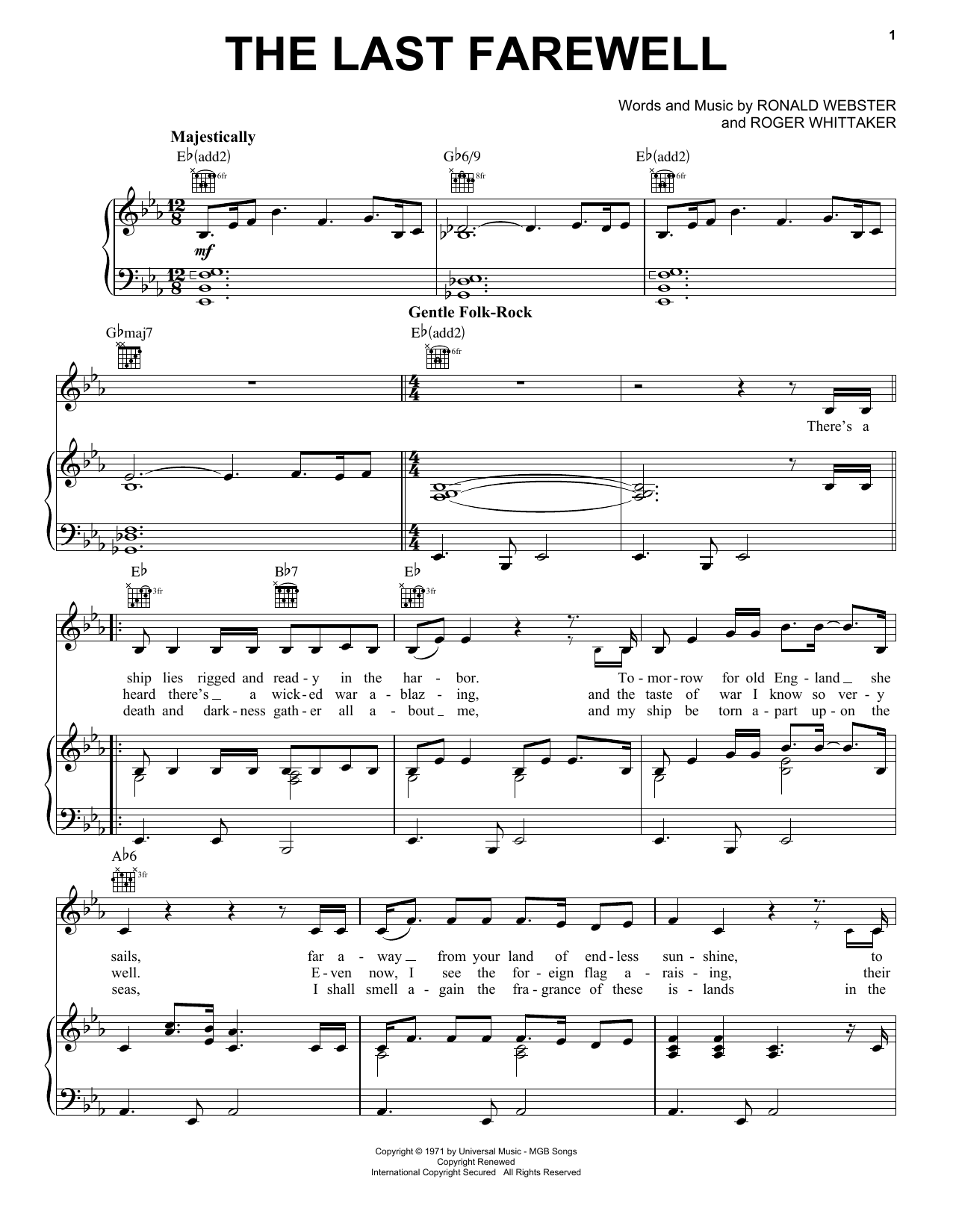 Roger Whittaker The Last Farewell Sheet Music Notes & Chords for Piano, Vocal & Guitar (Right-Hand Melody) - Download or Print PDF