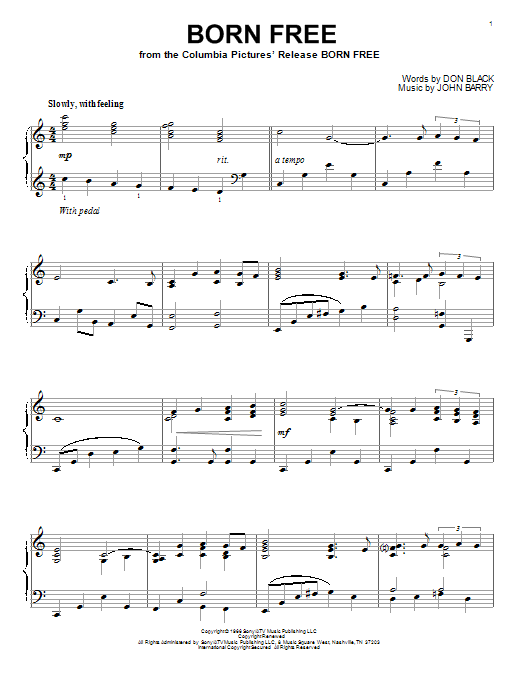 Roger Williams Born Free Sheet Music Notes & Chords for Melody Line, Lyrics & Chords - Download or Print PDF
