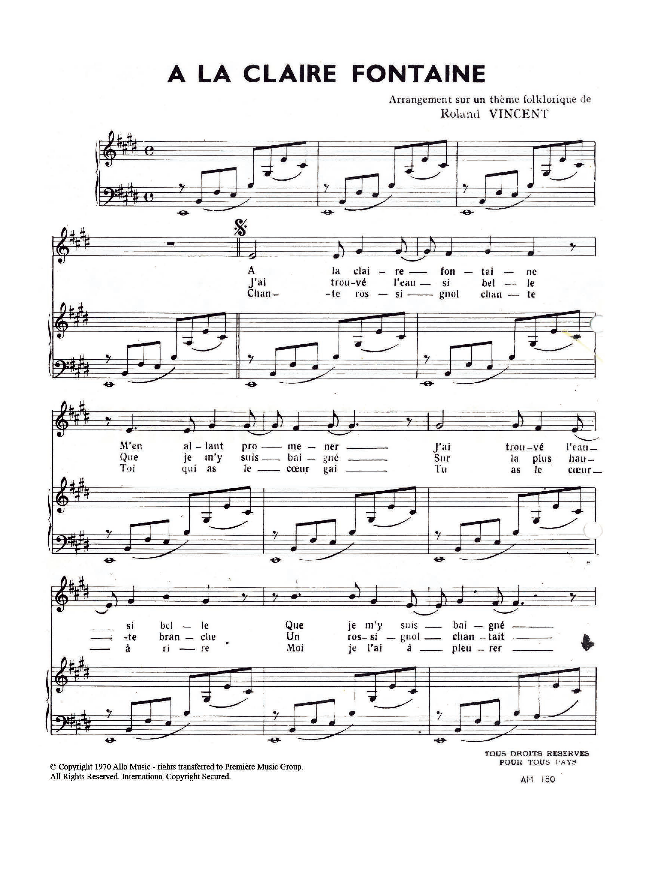Roland Vincent A La Claire Fontaine Sheet Music Notes & Chords for Piano & Vocal - Download or Print PDF