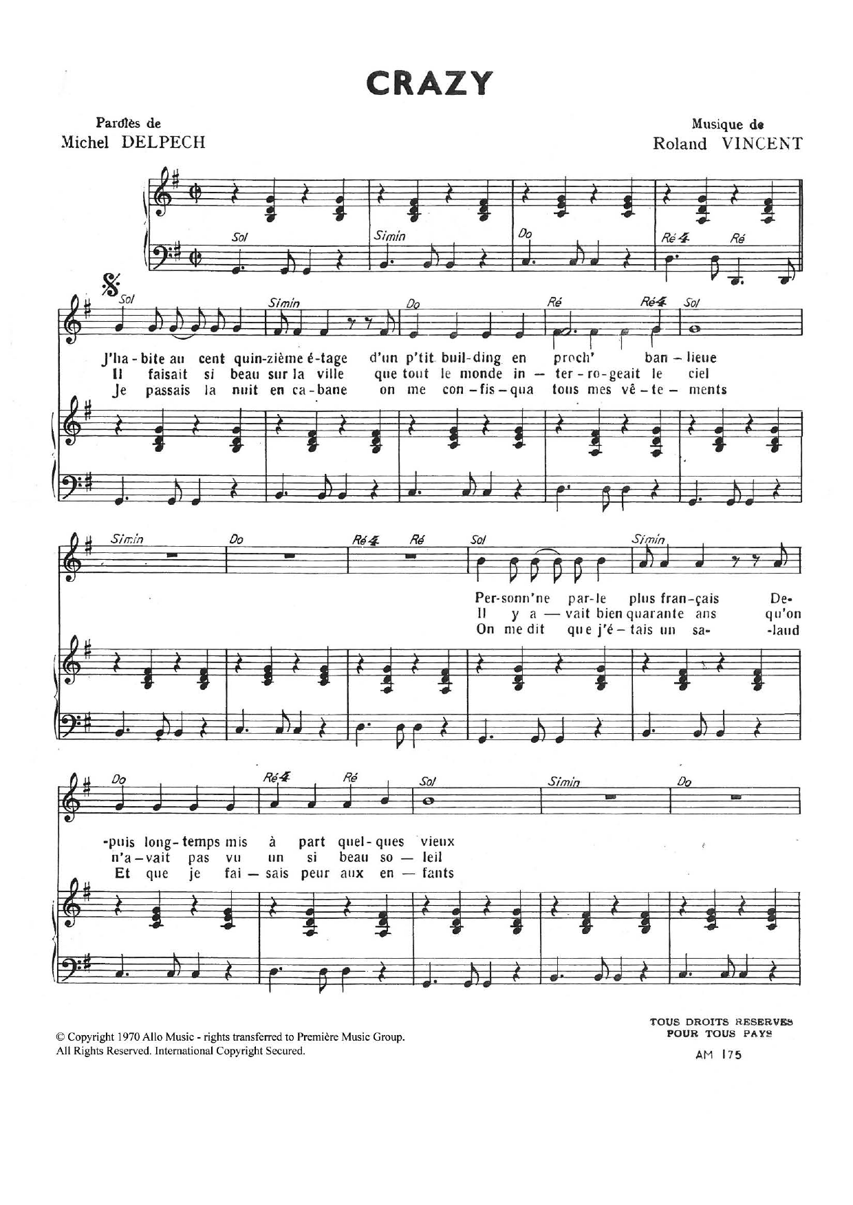 Roland Vincent Crazy Sheet Music Notes & Chords for Piano & Vocal - Download or Print PDF