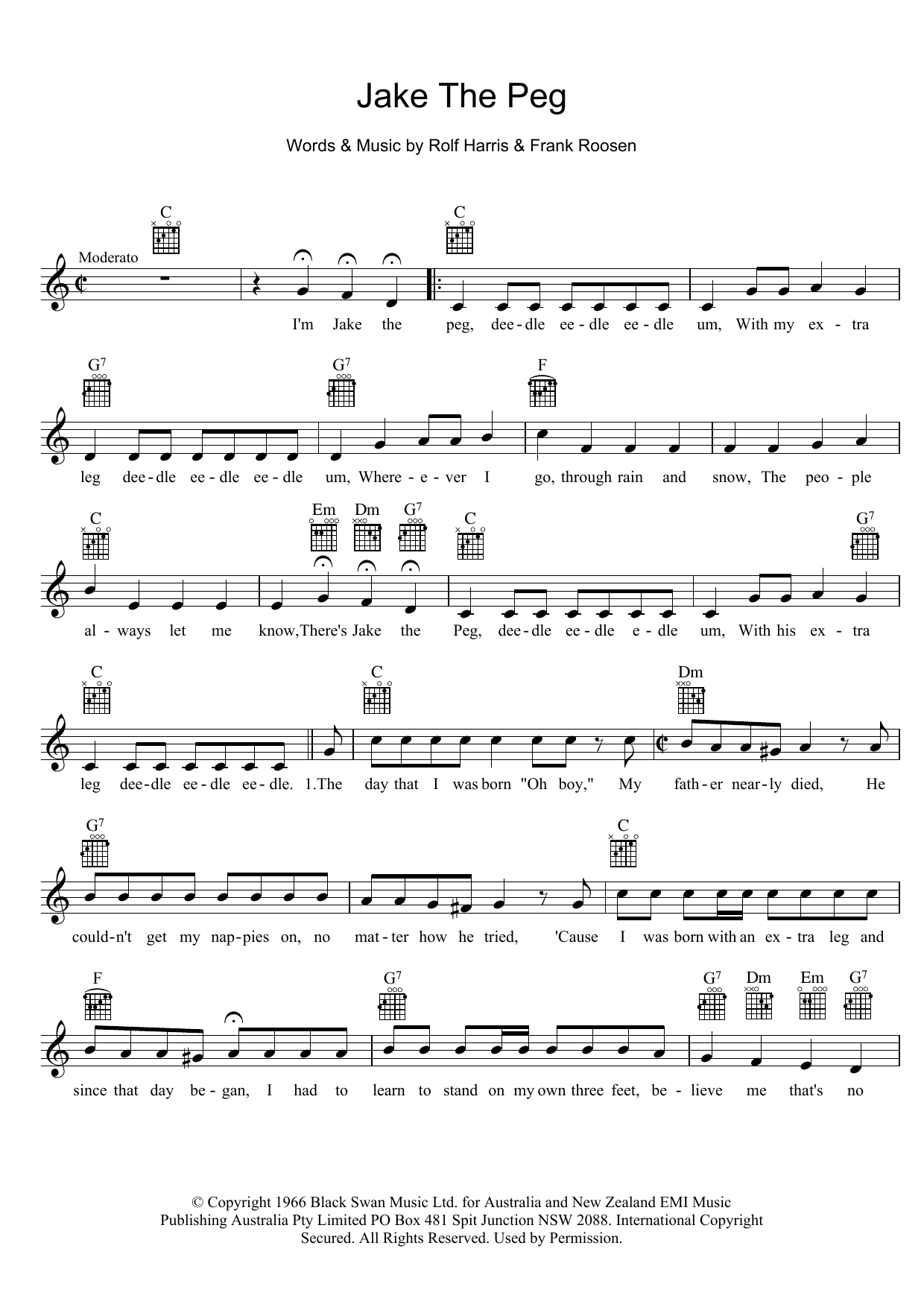 Rolf Harris Jake The Peg Sheet Music Notes & Chords for Melody Line, Lyrics & Chords - Download or Print PDF