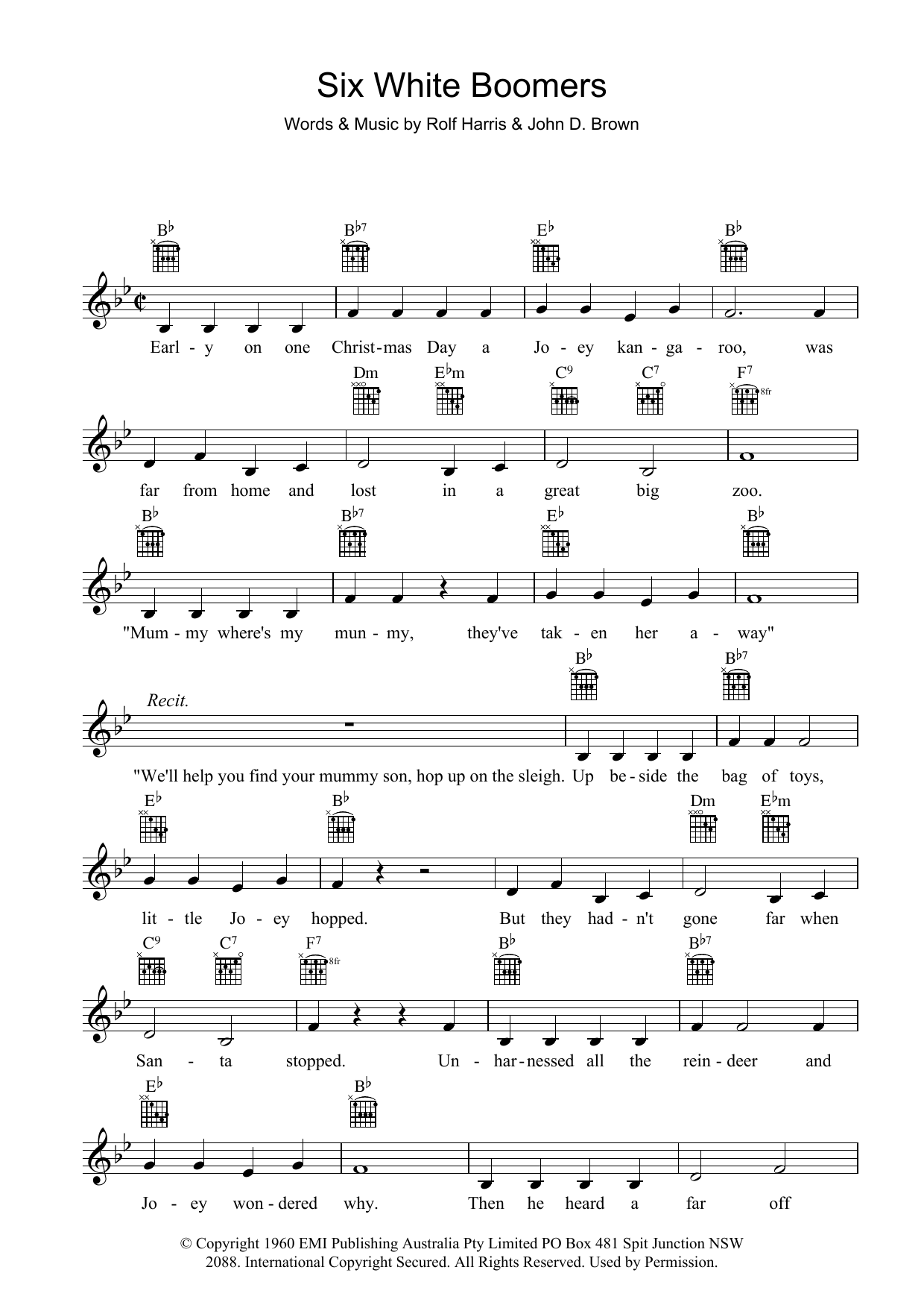 Rolf Harris Six White Boomers Sheet Music Notes & Chords for Melody Line, Lyrics & Chords - Download or Print PDF
