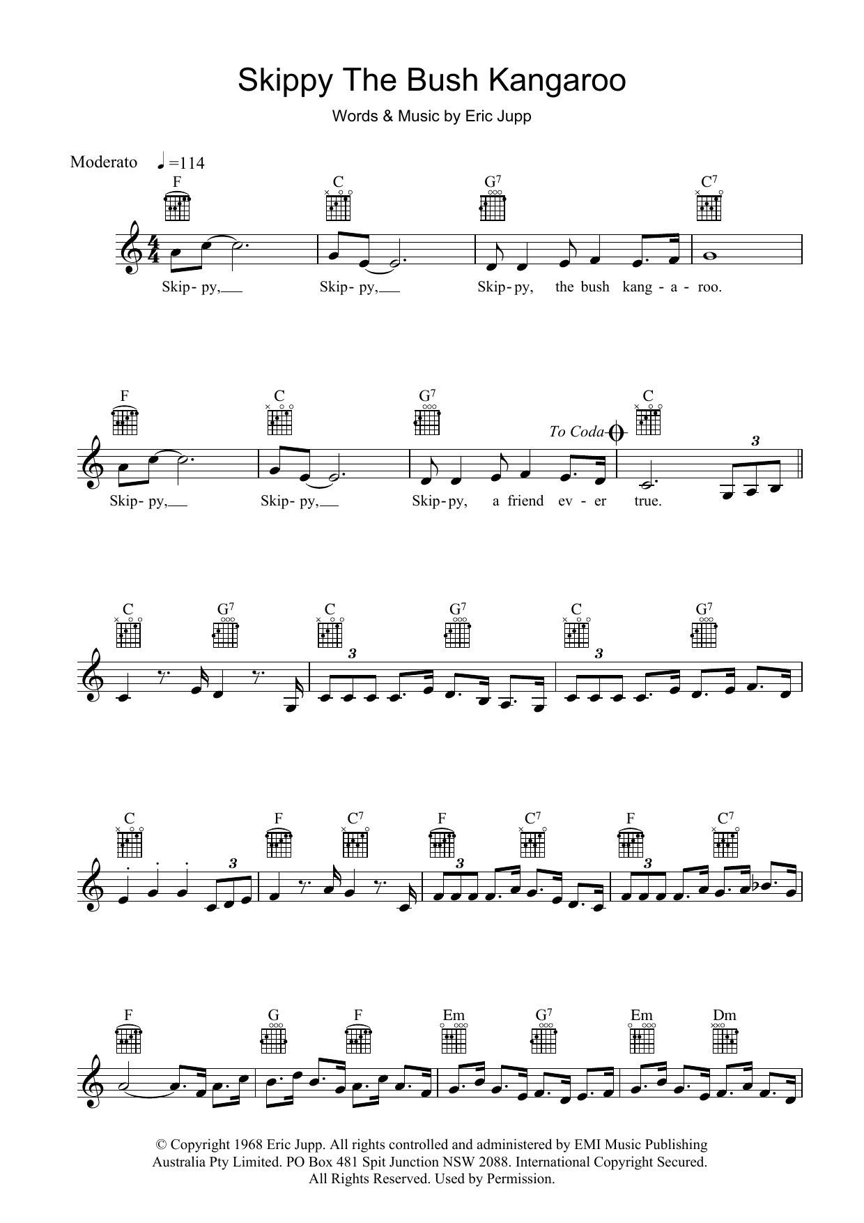 Rolf Harris Skippy The Bush Kangaroo Sheet Music Notes & Chords for Melody Line, Lyrics & Chords - Download or Print PDF