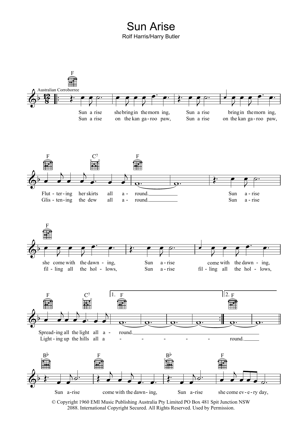 Rolf Harris Sun Arise Sheet Music Notes & Chords for Melody Line, Lyrics & Chords - Download or Print PDF