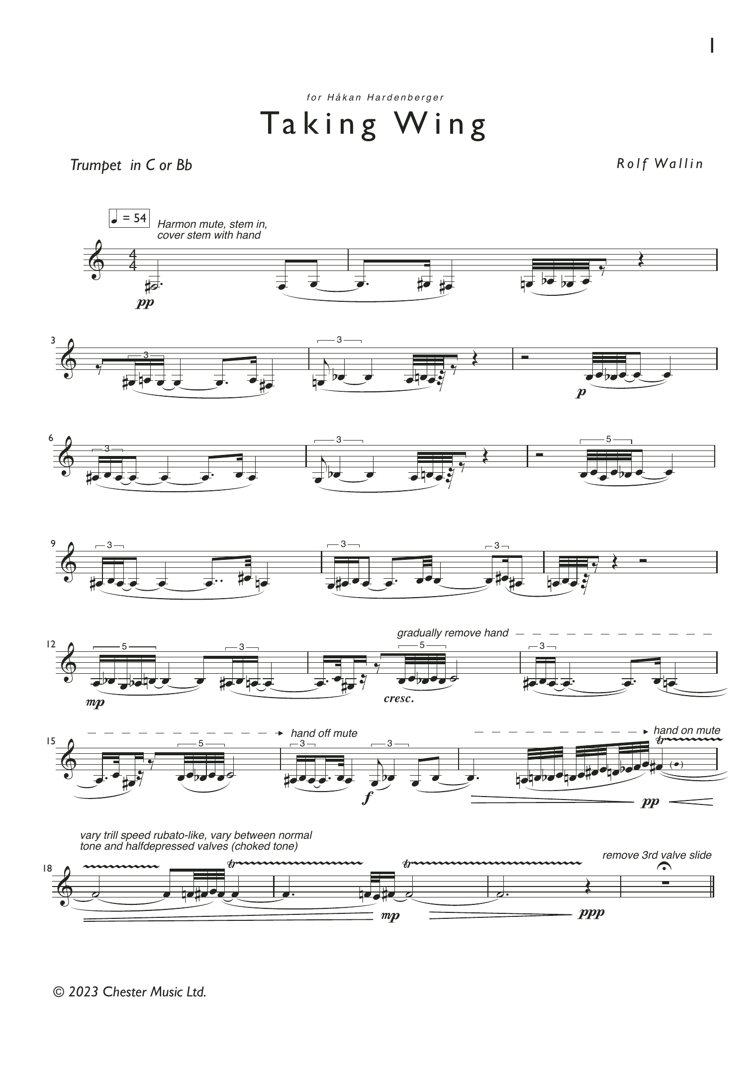 Rolf Wallin Taking Wing Sheet Music Notes & Chords for Trumpet Solo - Download or Print PDF