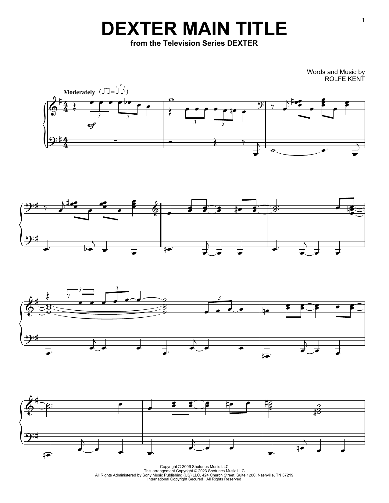 Rolfe Kent Dexter Main Title Sheet Music Notes & Chords for Piano - Download or Print PDF