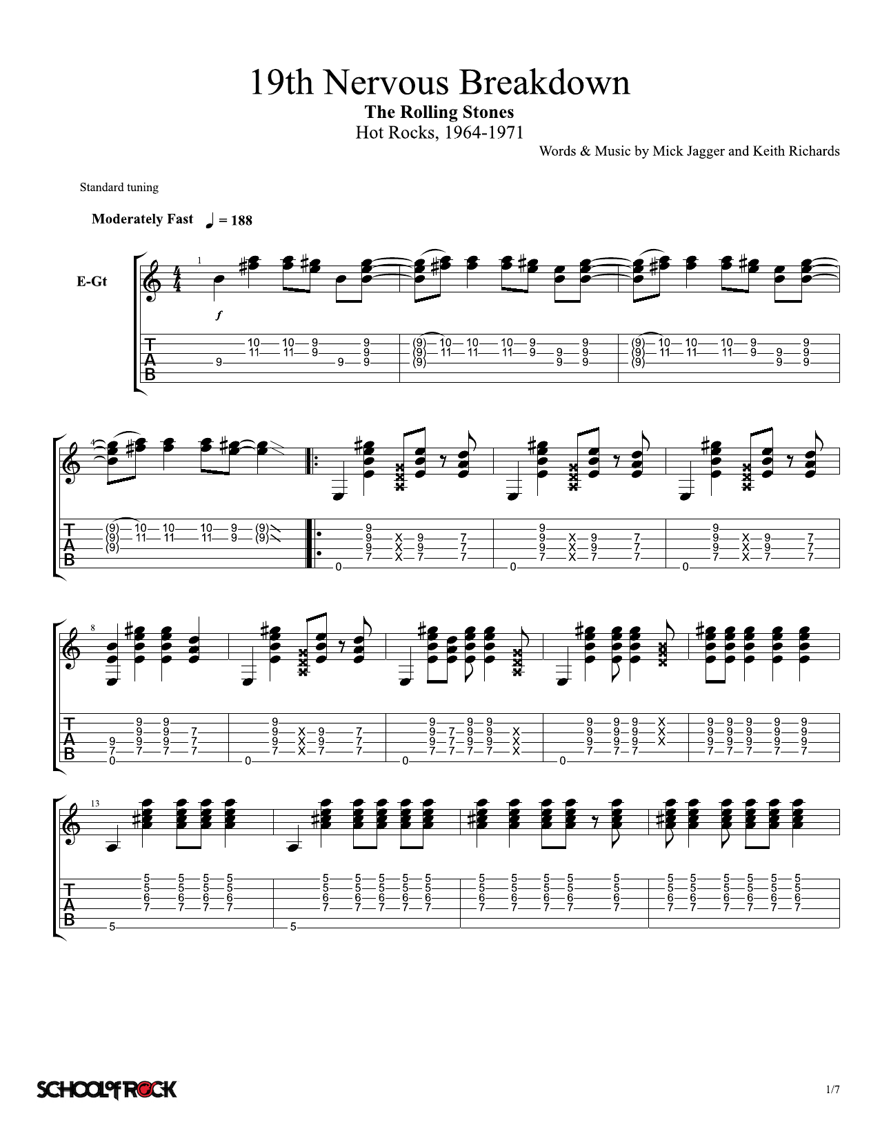 Rolling Stones 19th Nervous Breakdown Sheet Music Notes & Chords for School of Rock - Rhythm Guitar Tab - Download or Print PDF