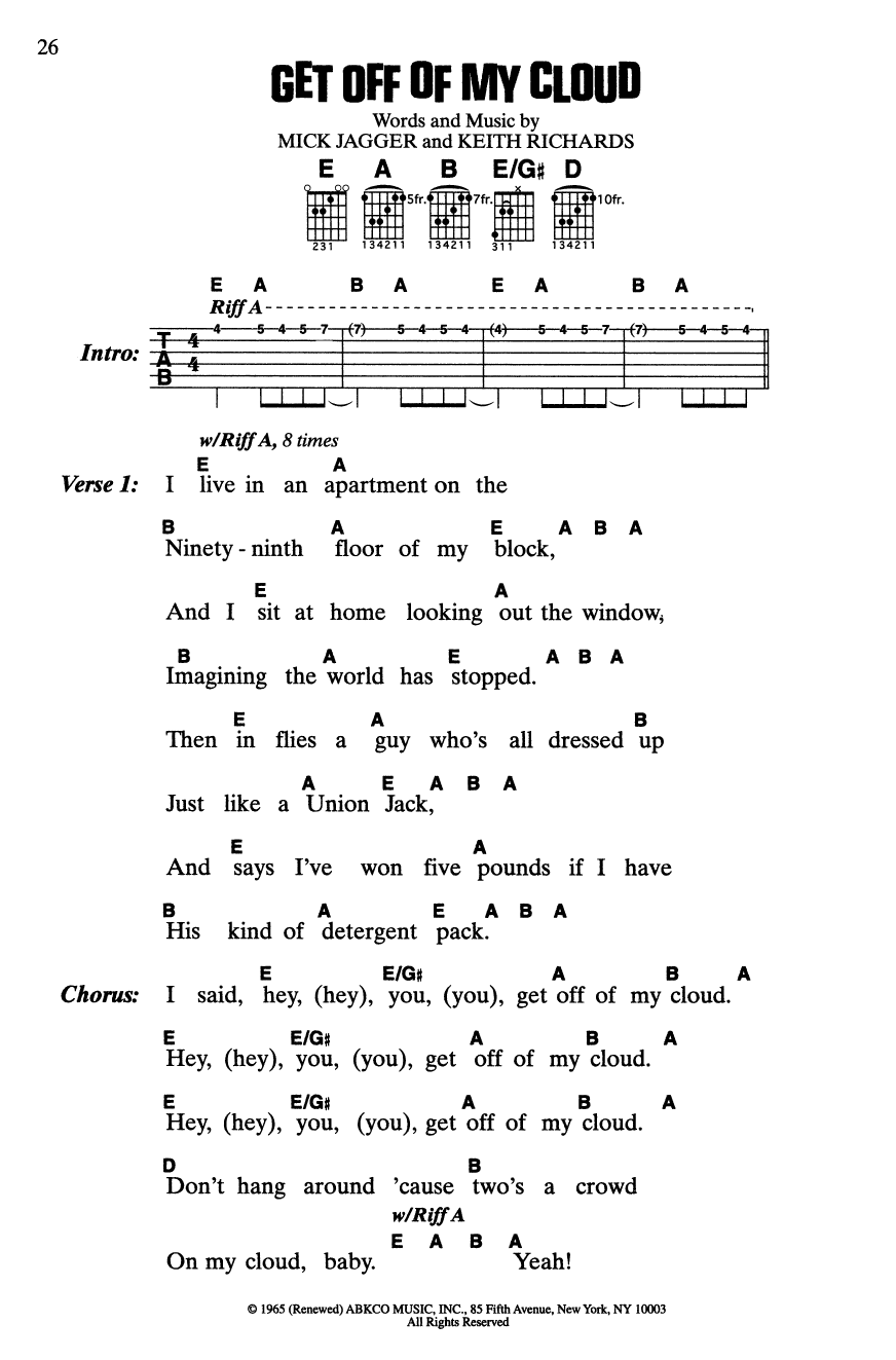 Rolling Stones Get Off My Cloud Sheet Music Notes & Chords for Guitar Chords/Lyrics - Download or Print PDF