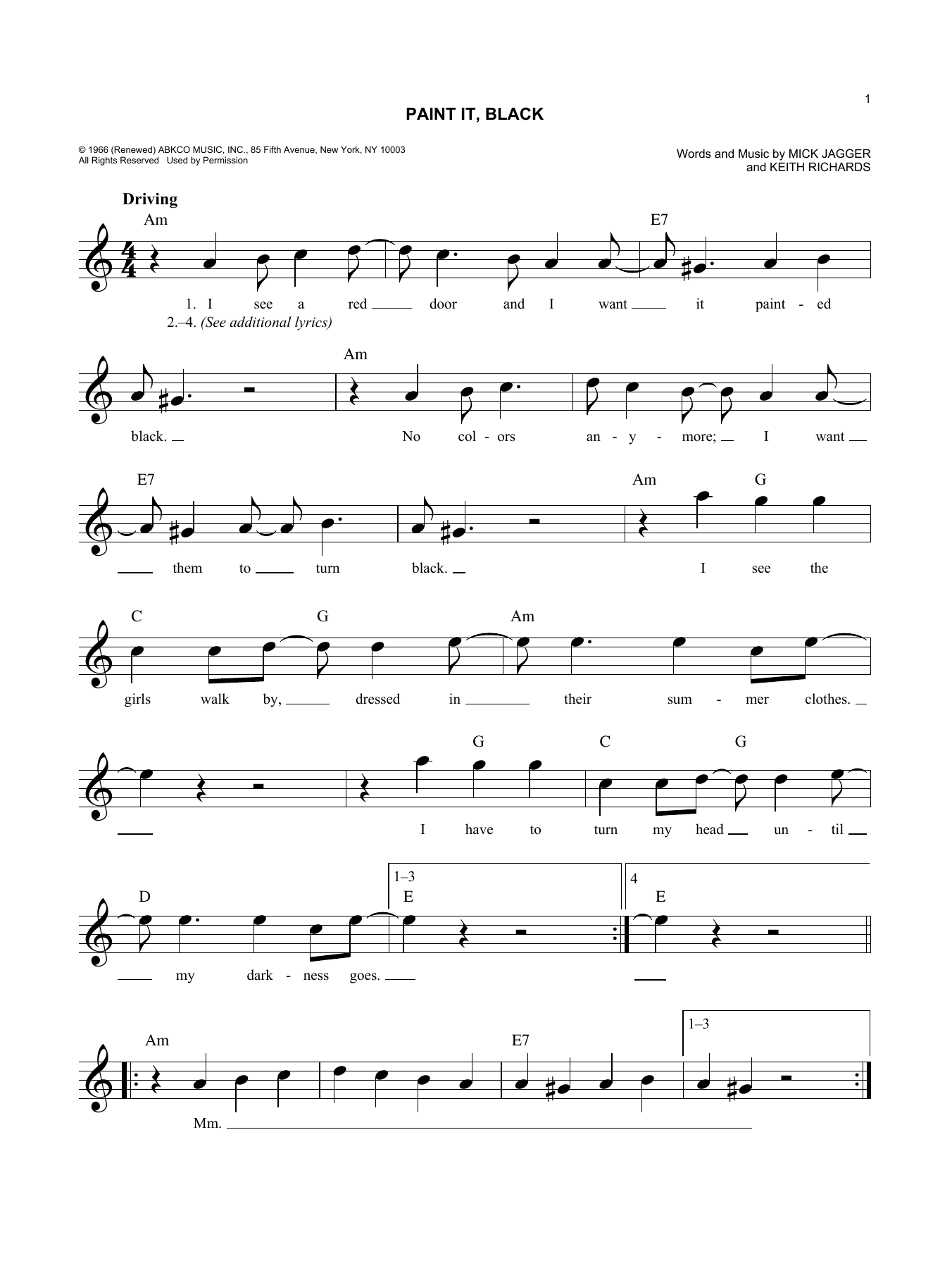 Rolling Stones Paint It, Black Sheet Music Notes & Chords for Melody Line, Lyrics & Chords - Download or Print PDF