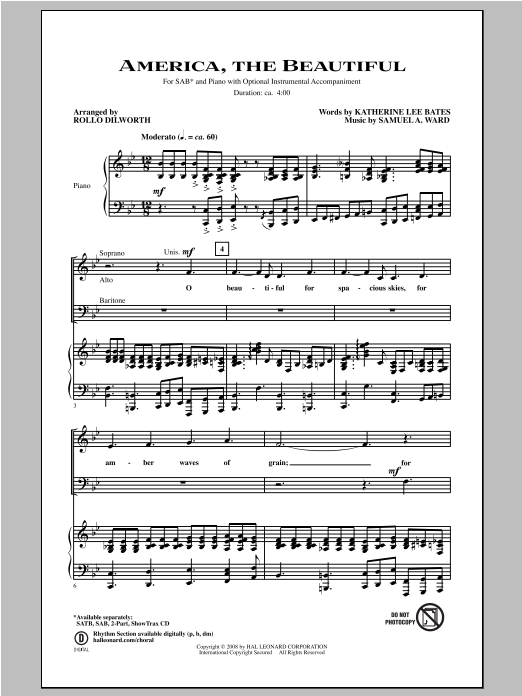 Rollo Dilworth America, The Beautiful Sheet Music Notes & Chords for SAB - Download or Print PDF