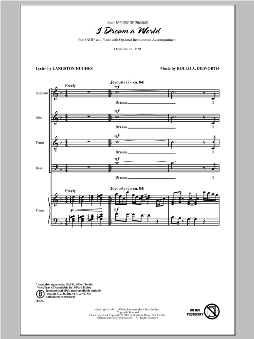 Rollo Dilworth I Dream A World (from Trilogy of Dreams) Sheet Music Notes & Chords for SATB - Download or Print PDF
