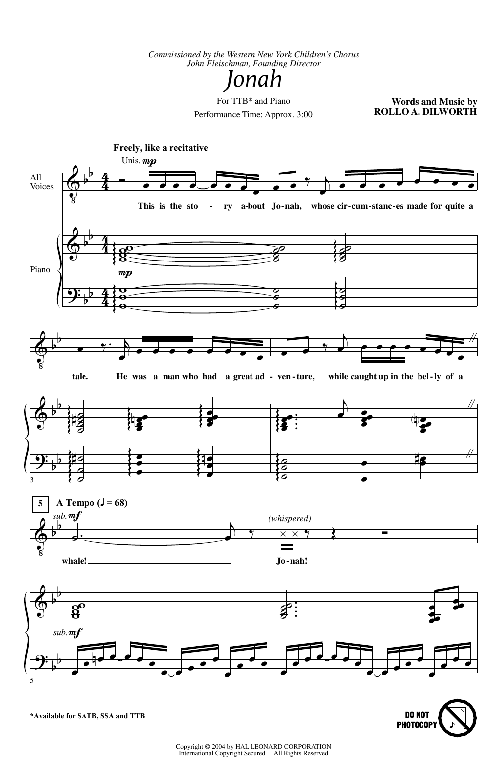 Rollo Dilworth Jonah Sheet Music Notes & Chords for Choral TTB - Download or Print PDF