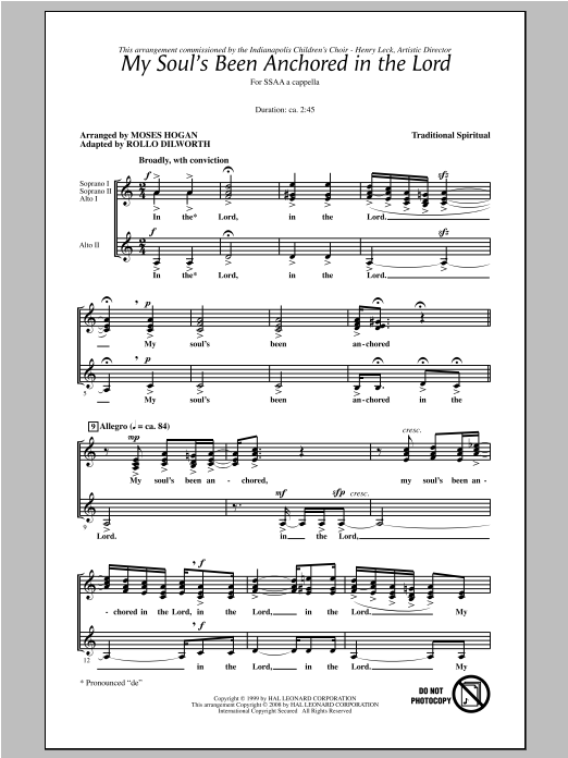 Rollo Dilworth My Soul's Been Anchored In The Lord Sheet Music Notes & Chords for SSA - Download or Print PDF
