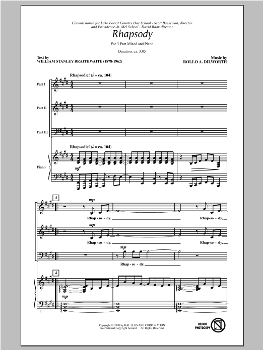 Rollo Dilworth Rhapsody Sheet Music Notes & Chords for 3-Part Mixed - Download or Print PDF