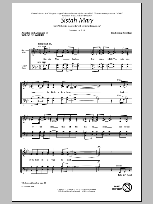 Rollo Dilworth Sistah Mary Sheet Music Notes & Chords for SATB - Download or Print PDF
