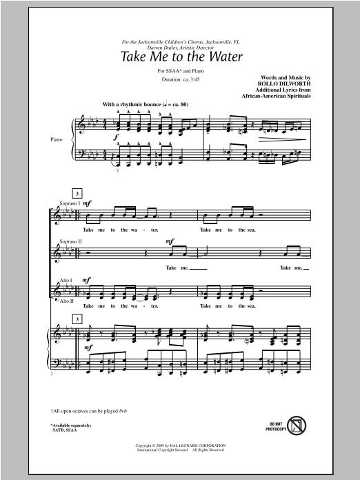 Rollo Dilworth Take Me To The Water Sheet Music Notes & Chords for SSA - Download or Print PDF