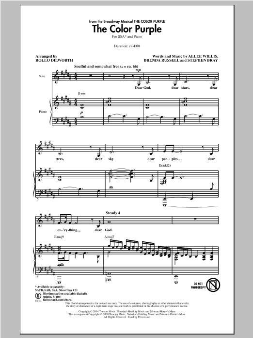 The Color Purple (Musical) The Color Purple (arr. Rollo Dilworth) Sheet Music Notes & Chords for SSA - Download or Print PDF The Color Purple (Musical) The Color Purple (arr. Rollo Dilworth) Sheet Music Notes & Chords for SSA - Download or Print PDF
