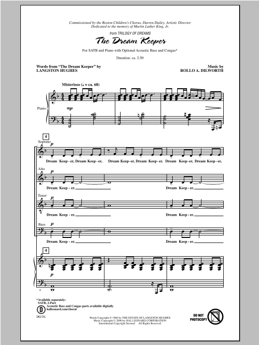 Rollo Dilworth The Dream Keeper (from Trilogy of Dreams) Sheet Music Notes & Chords for SATB - Download or Print PDF