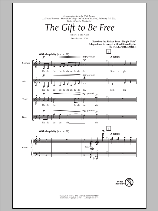 Rollo Dilworth The Gift To Be Free Sheet Music Notes & Chords for SATB - Download or Print PDF