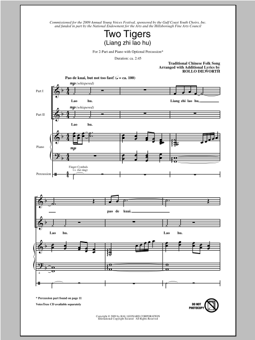 Rollo Dilworth Two Tigers (Liang Ge Lao Hu) Sheet Music Notes & Chords for 2-Part Choir - Download or Print PDF