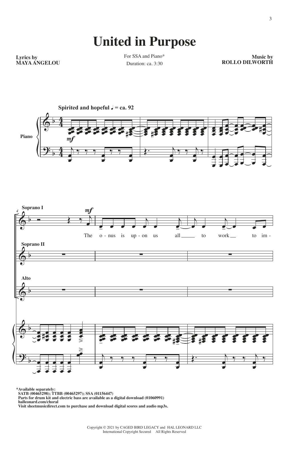 Rollo Dilworth United In Purpose Sheet Music Notes & Chords for SSA Choir - Download or Print PDF