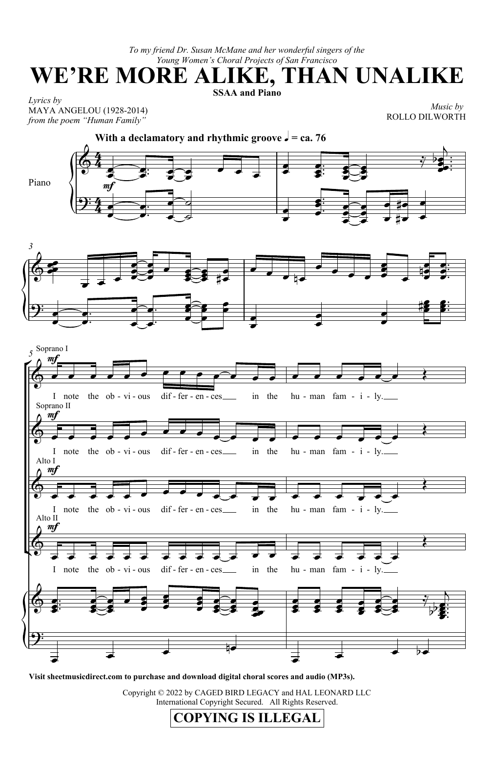 Rollo Dilworth We're More Alike, Than Unalike Sheet Music Notes & Chords for SSAA Choir - Download or Print PDF