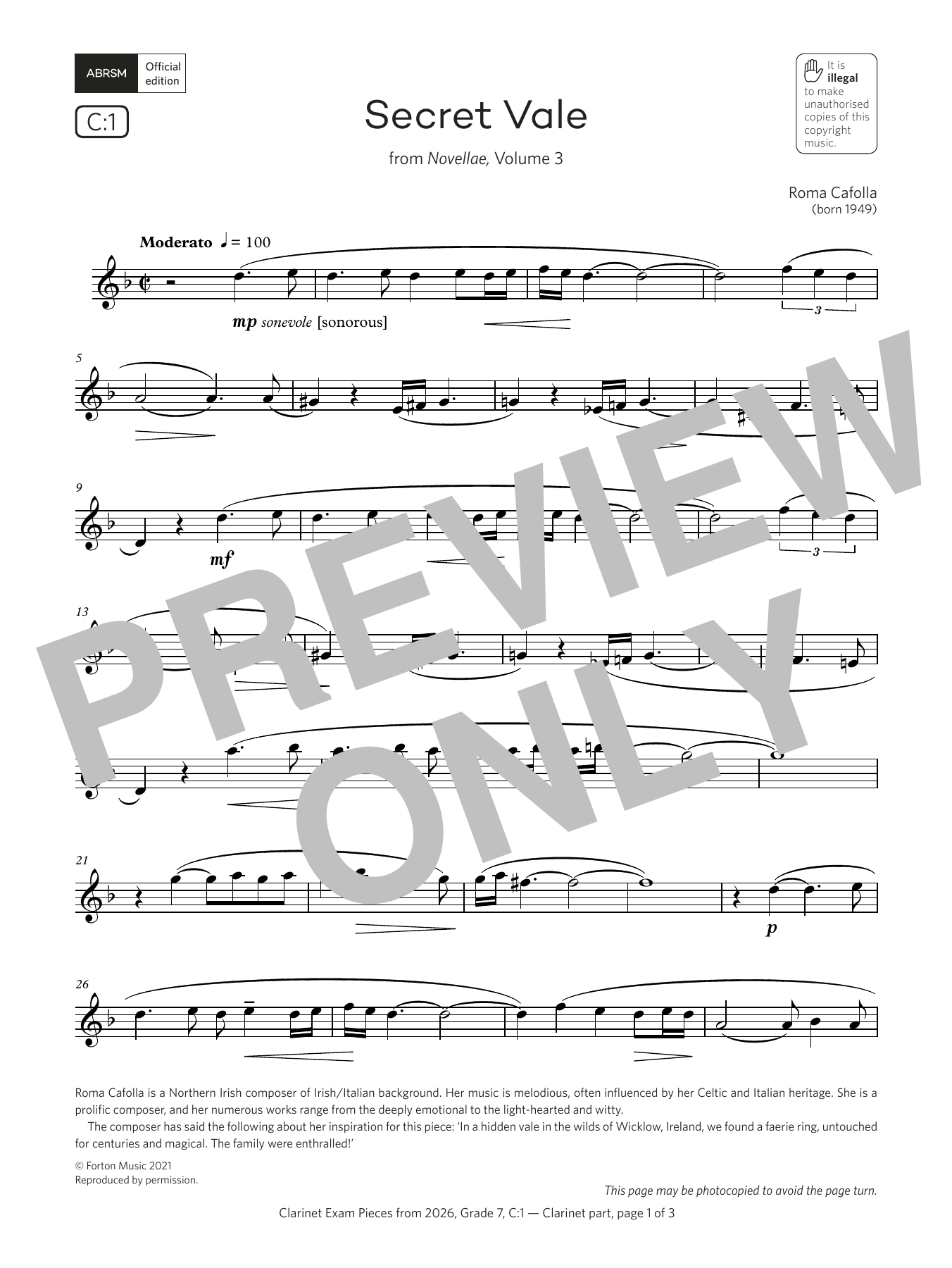 Roma Cafolla Secret Vale (Grade 7, list C1, from the ABRSM Clarinet Syllabus from 2026) Sheet Music Notes & Chords for Clarinet Solo - Download or Print PDF Roma Cafolla Secret Vale (Grade 7, list C1, from the ABRSM Clarinet Syllabus from 2026) Sheet Music Notes & Chords for Clarinet Solo - Download or Print PDF