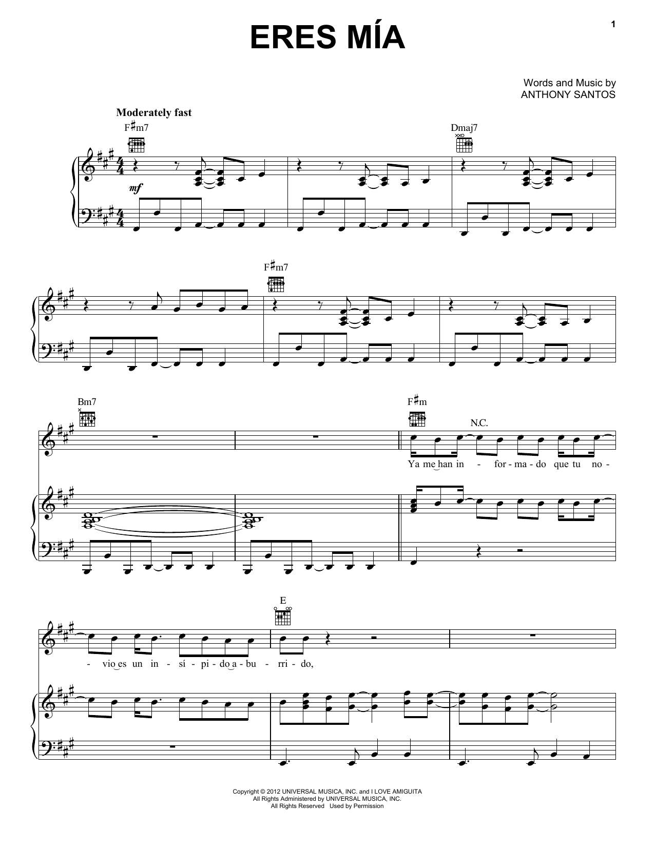 Romeo Santos Eres Mia Sheet Music Notes & Chords for Piano, Vocal & Guitar (Right-Hand Melody) - Download or Print PDF