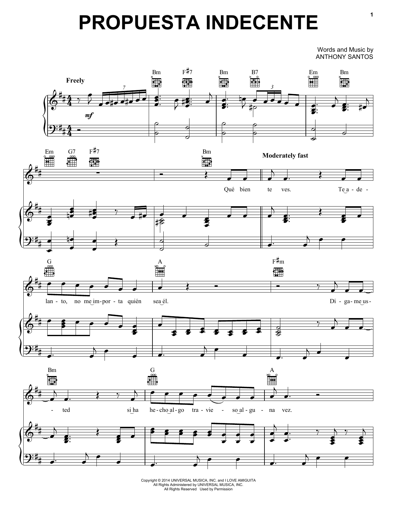 Romeo Santos Propuesta Indecente Sheet Music Notes & Chords for Piano, Vocal & Guitar (Right-Hand Melody) - Download or Print PDF