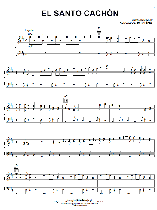 Romualdo L. Brito Perez El Santo Cachon Sheet Music Notes & Chords for Piano, Vocal & Guitar (Right-Hand Melody) - Download or Print PDF
