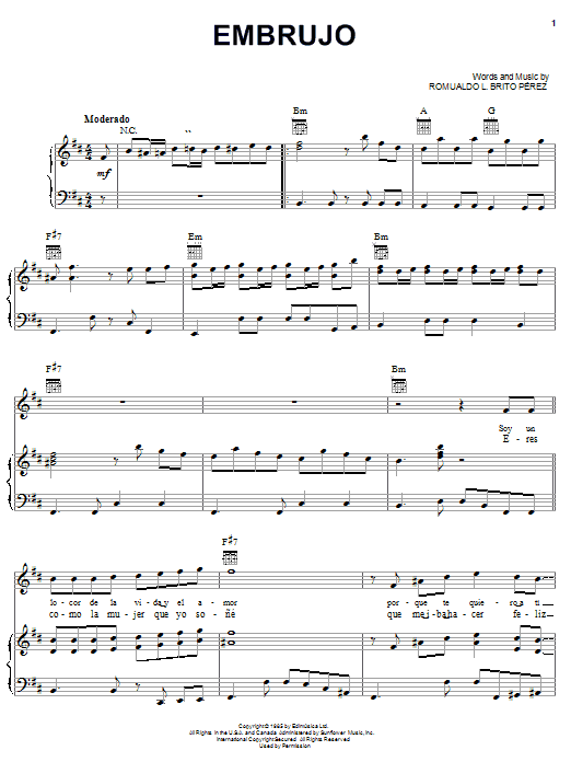 Romualdo L. Brito Perez Embrujo Sheet Music Notes & Chords for Piano, Vocal & Guitar (Right-Hand Melody) - Download or Print PDF