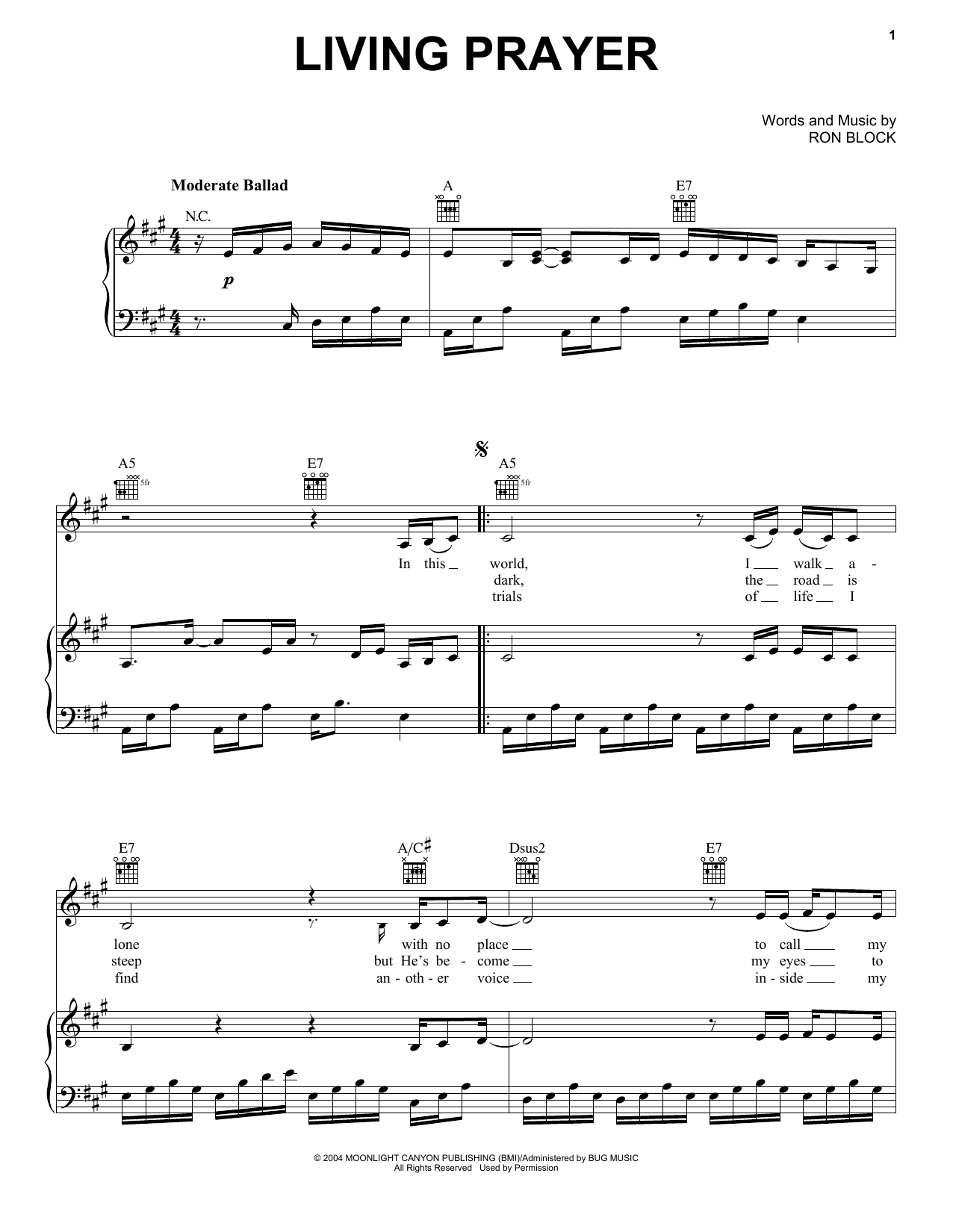 Ron Block Living Prayer Sheet Music Notes & Chords for Piano, Vocal & Guitar (Right-Hand Melody) - Download or Print PDF