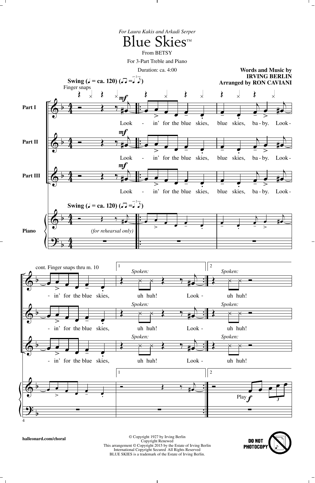 Ron Caviani Blue Skies Sheet Music Notes & Chords for 3-Part Treble - Download or Print PDF