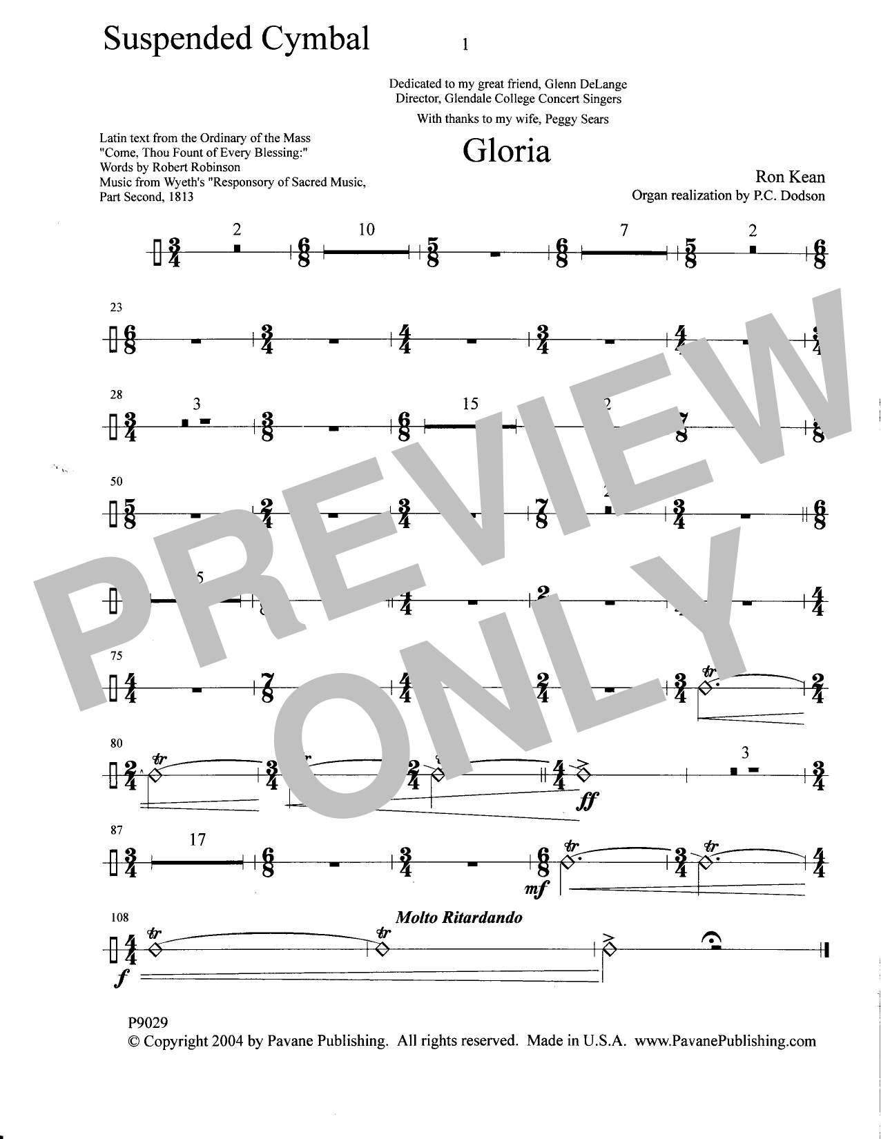 Ron Kean Gloria - Suspended Cymbal Sheet Music Notes & Chords for Choir Instrumental Pak - Download or Print PDF