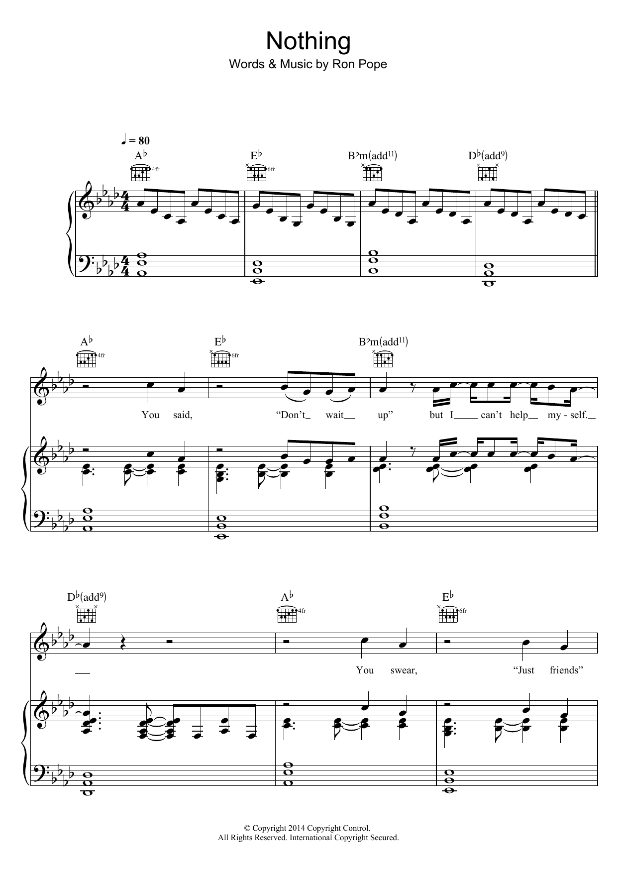 Ron Pope Nothing (feat. Alexz Johnson) Sheet Music Notes & Chords for Piano, Vocal & Guitar (Right-Hand Melody) - Download or Print PDF Ron Pope Nothing (feat. Alexz Johnson) Sheet Music Notes & Chords for Piano, Vocal & Guitar (Right-Hand Melody) - Download or Print PDF