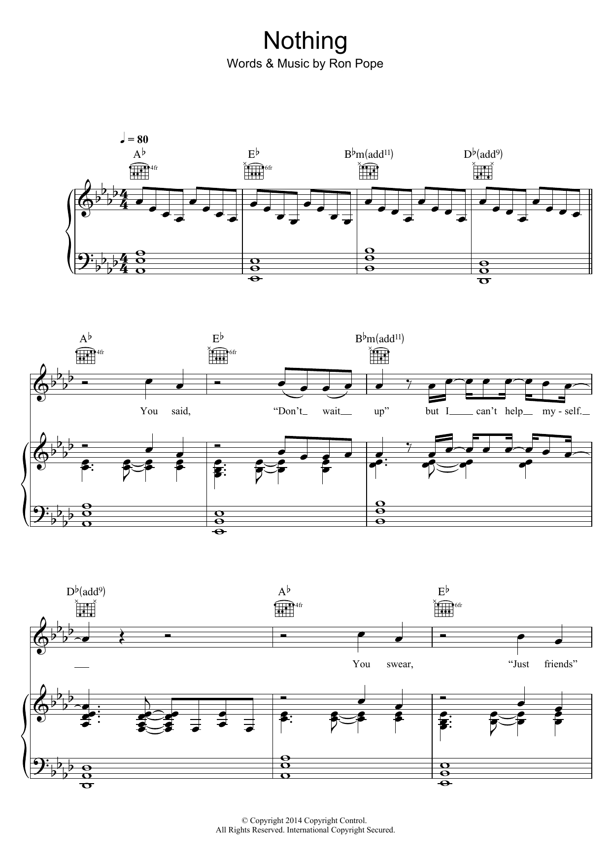 Ron Pope Nothing (feat. Alexz Johnson) Sheet Music Notes & Chords for Piano, Vocal & Guitar (Right-Hand Melody) - Download or Print PDF
