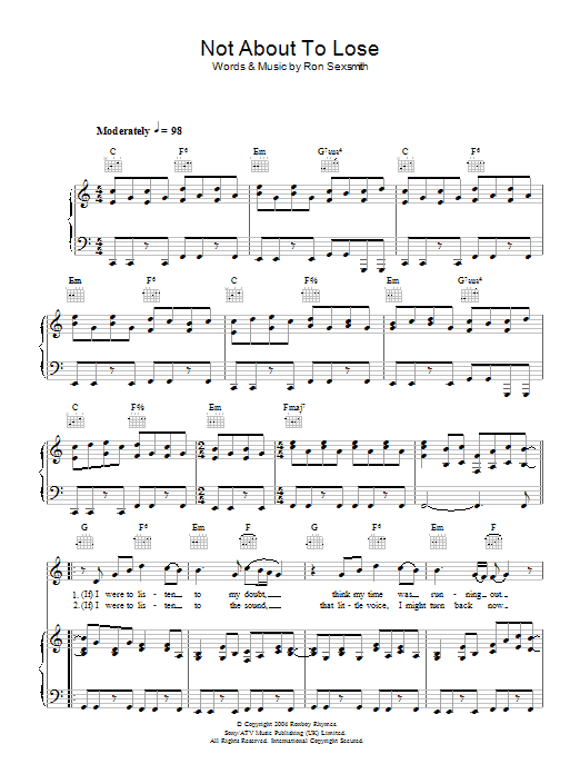 Ron Sexsmith Not About To Lose Sheet Music Notes & Chords for Piano, Vocal & Guitar - Download or Print PDF