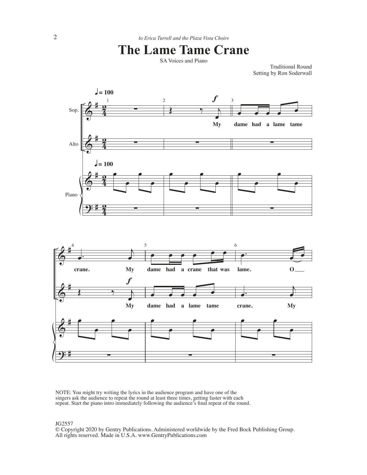 Ron Soderwall The Lame, Tame Crane Sheet Music Notes & Chords for 2-Part Choir - Download or Print PDF