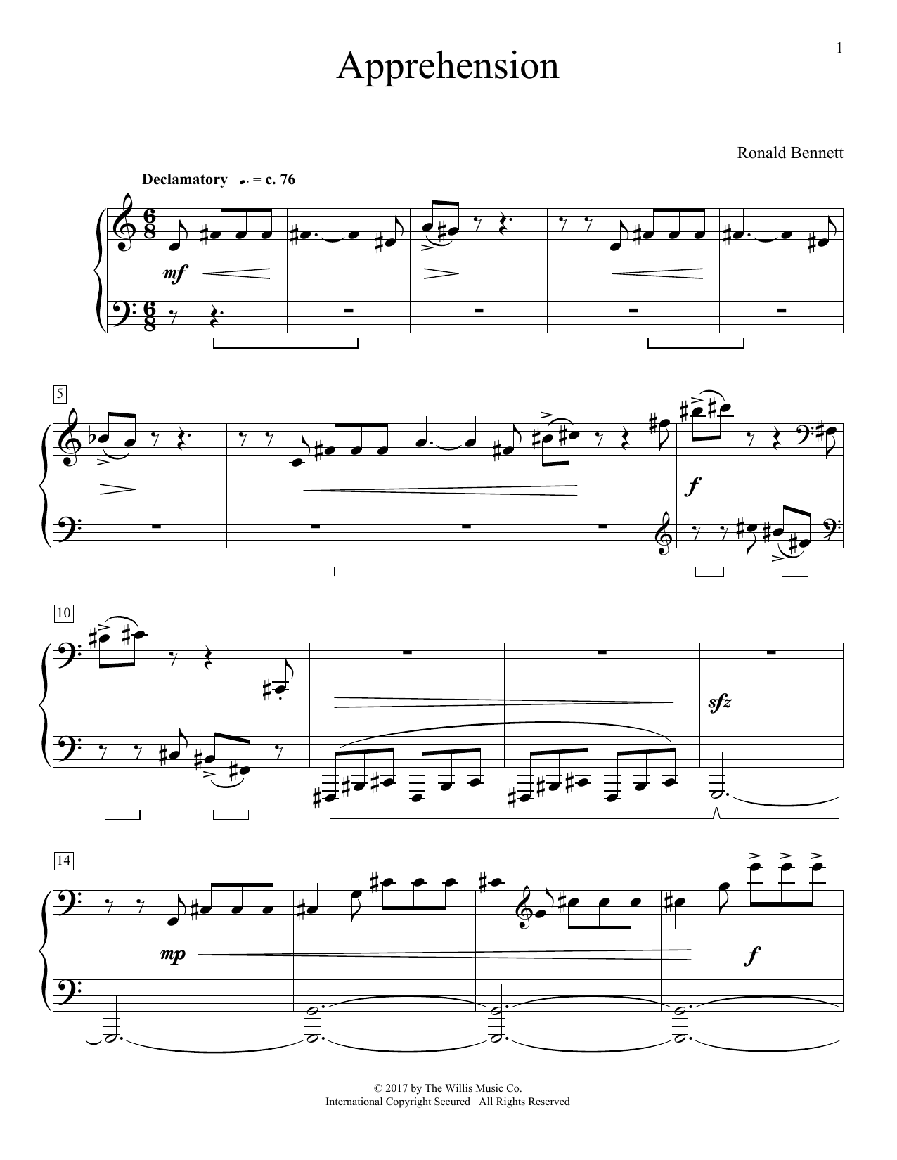 Ronald Bennett Apprehension Sheet Music Notes & Chords for Educational Piano - Download or Print PDF