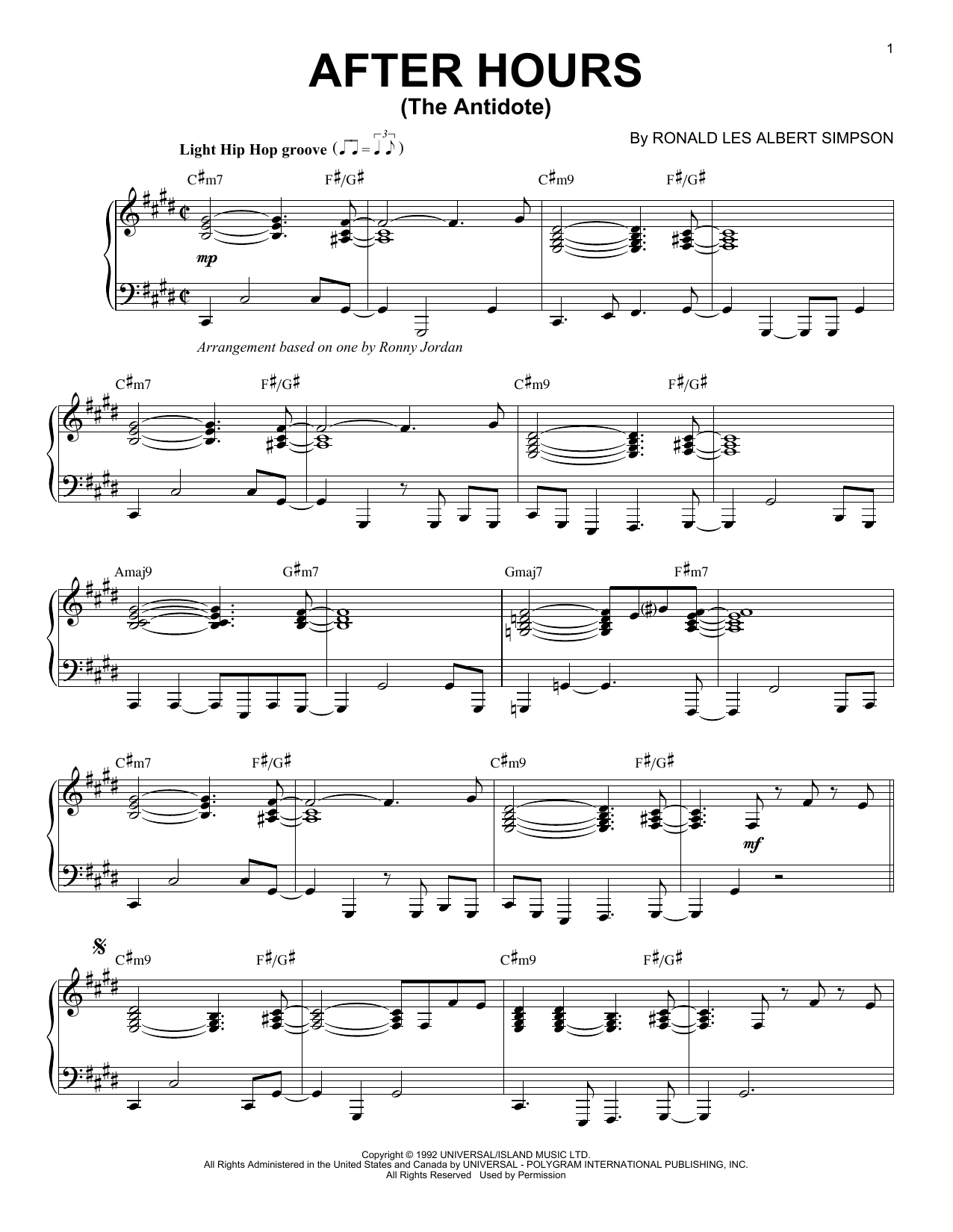 Ronald Les Albert Simpson After Hours (The Antidote) Sheet Music Notes & Chords for Piano - Download or Print PDF