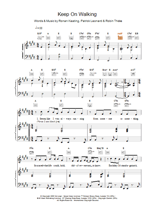 Ronan Keating Keep On Walking Sheet Music Notes & Chords for Piano, Vocal & Guitar - Download or Print PDF