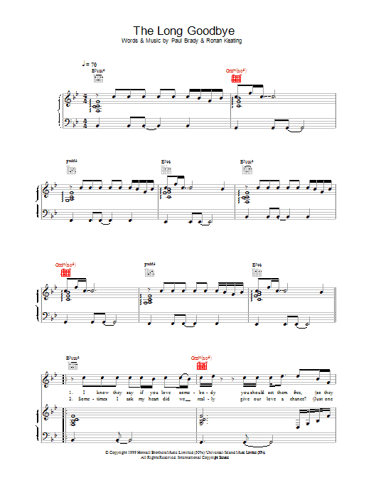 Ronan Keating The Long Goodbye Sheet Music Notes & Chords for Piano, Vocal & Guitar - Download or Print PDF