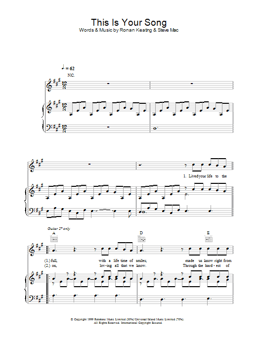 Ronan Keating This Is Your Song Sheet Music Notes & Chords for Piano, Vocal & Guitar (Right-Hand Melody) - Download or Print PDF