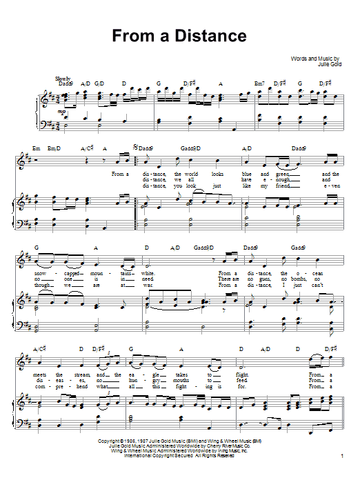 Ronan Tynan From A Distance Sheet Music Notes & Chords for Piano, Vocal & Guitar (Right-Hand Melody) - Download or Print PDF